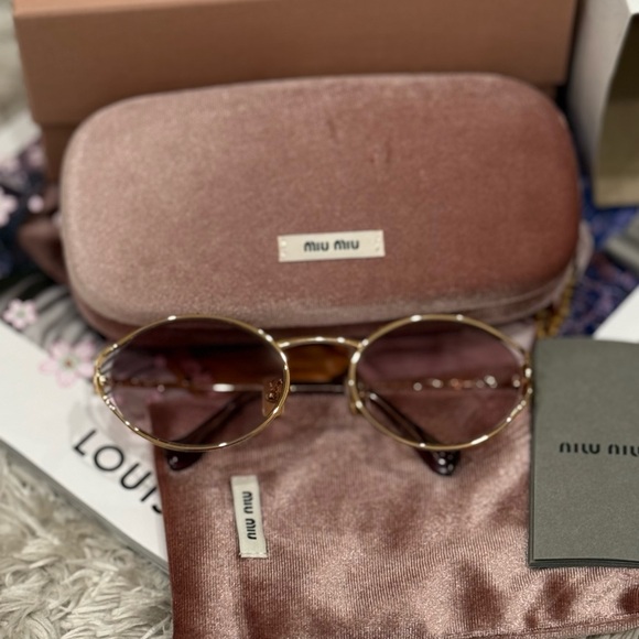 Miu Miu Oval Sunglasses | Gold Frame & Pink Lenses | Full Set - Picture 14 of 14